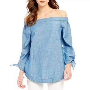 Free People Chambray Blouse XS Linen Blend Off The Shoulder Preppy Country Club